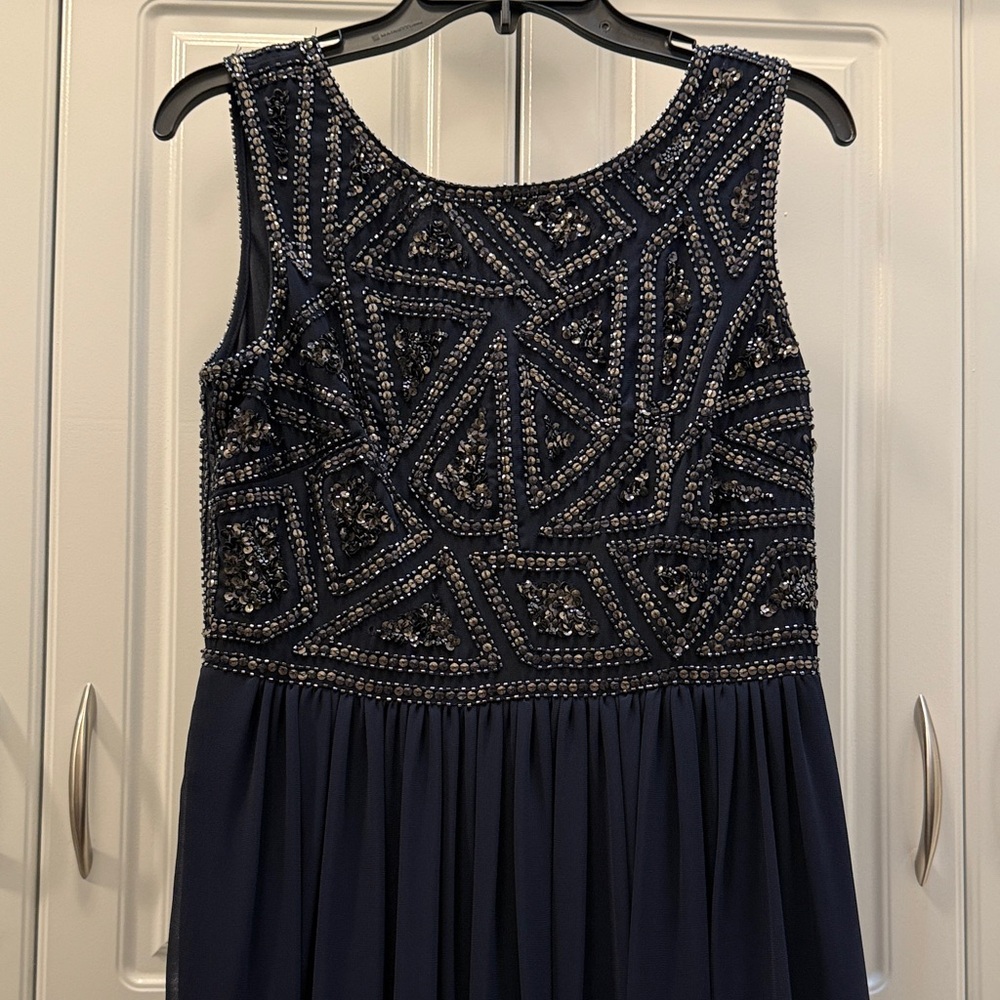 Beaded Navy Sleeveless Evening Gown